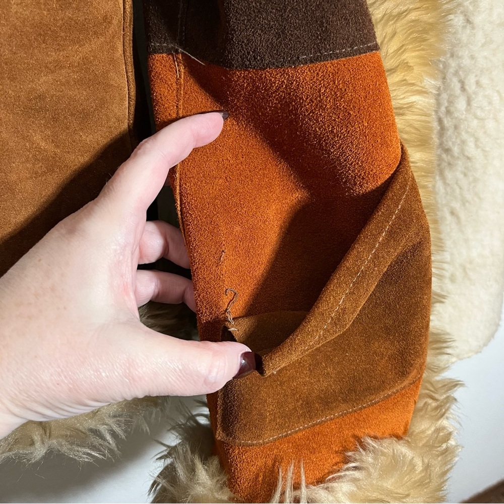 True vintage 70s Penny Lane patchwork suede Jacket Fur Trim coat sz S M as is - Picture 4 of 12